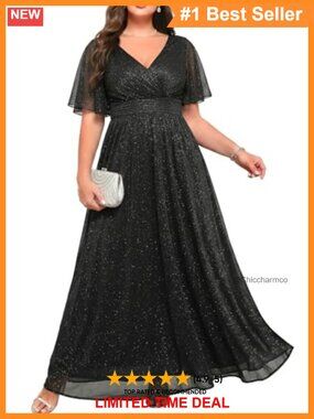 Plus Size Formal Maxi Dress Flutter Sleeve V-Neck Wedding Guest Gown Chiffon